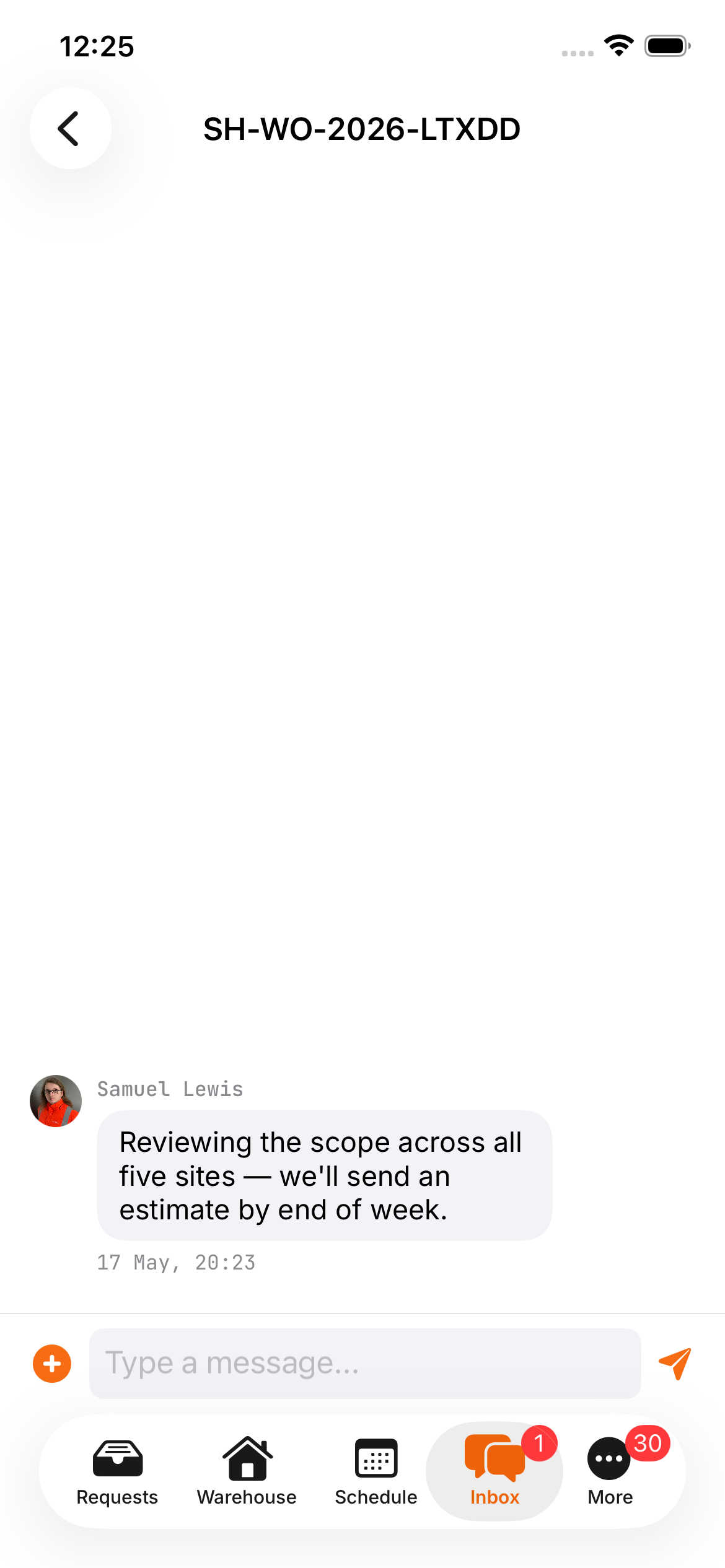 Conversation thread on a work order with chronological messages
