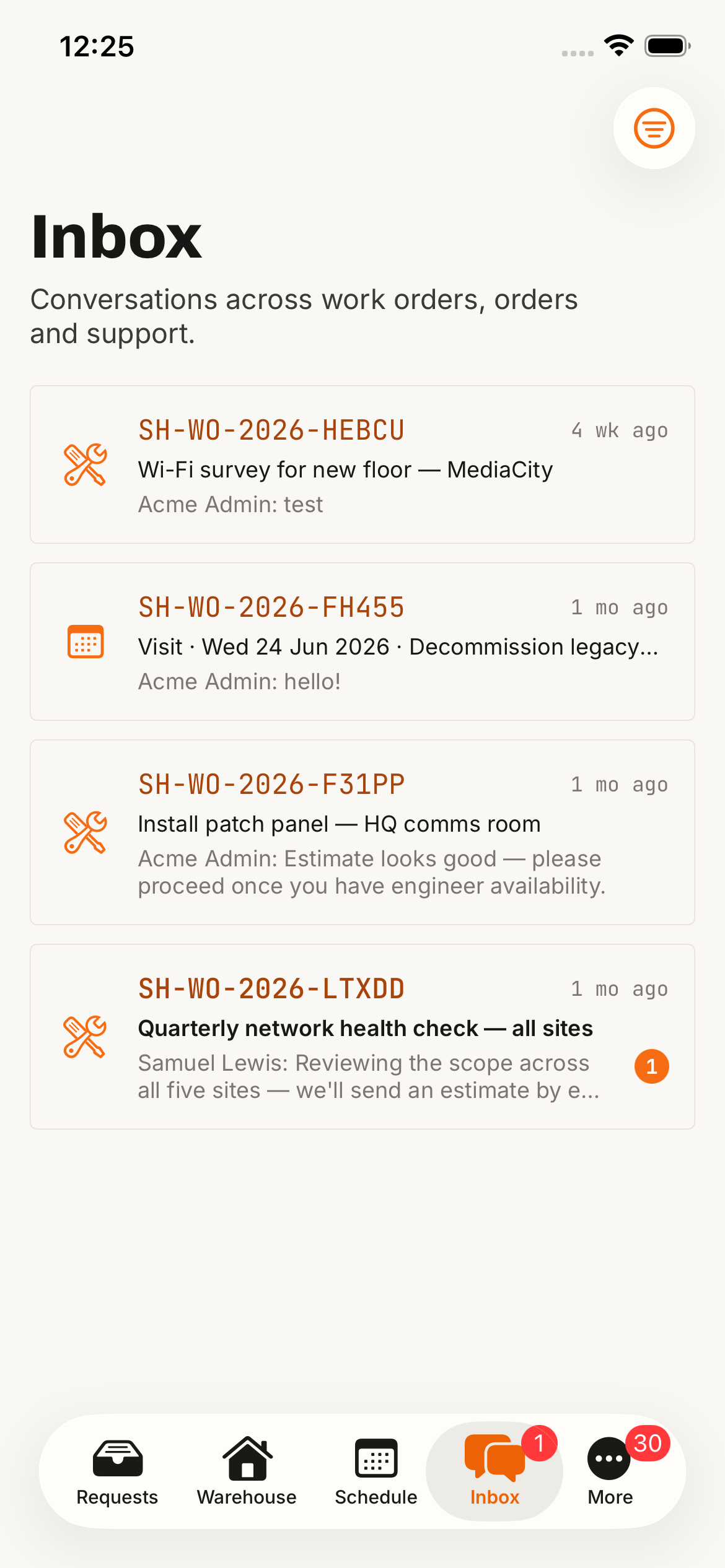 Inbox with unread message threads across work orders, orders and support