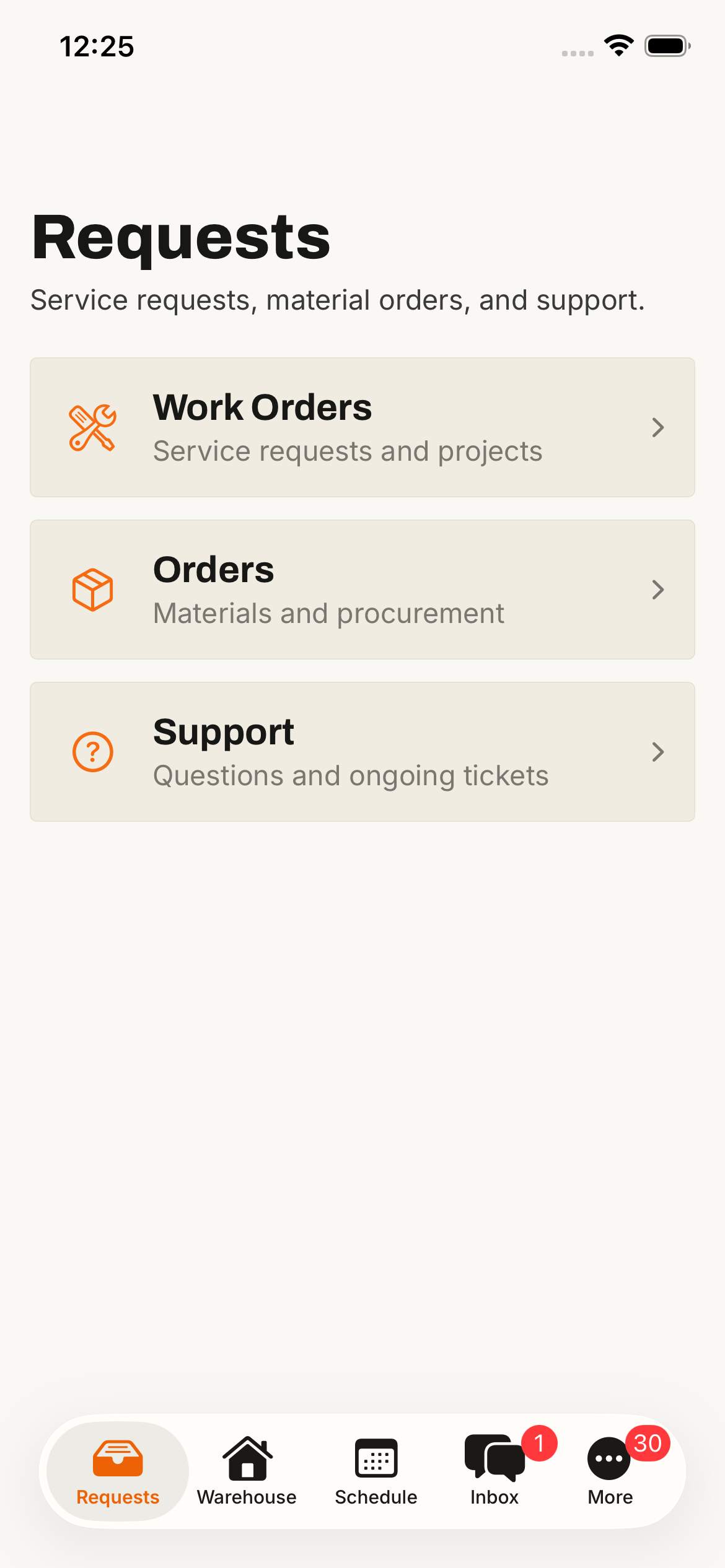 Smart Hands iOS app — Requests landing screen with Work Orders, Orders, and Support categories
