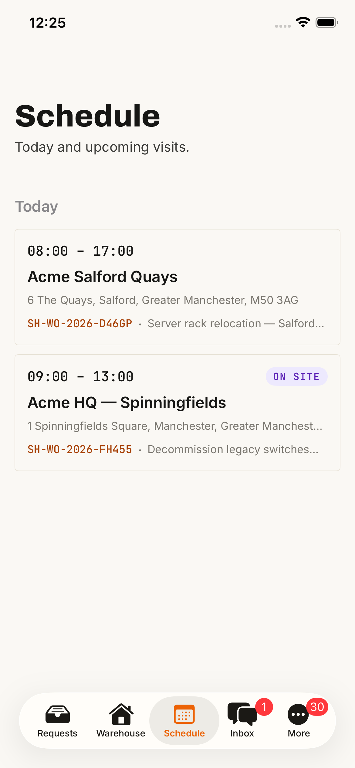Schedule view showing today's visits with site and time range
