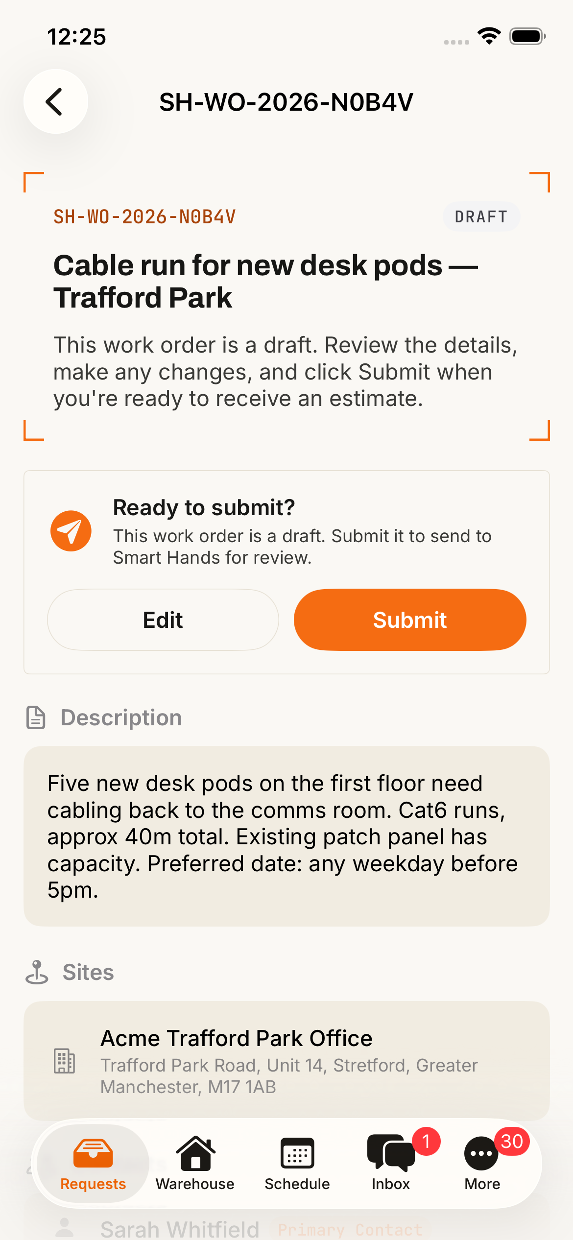 Work order detail in Draft state with Submit call-to-action