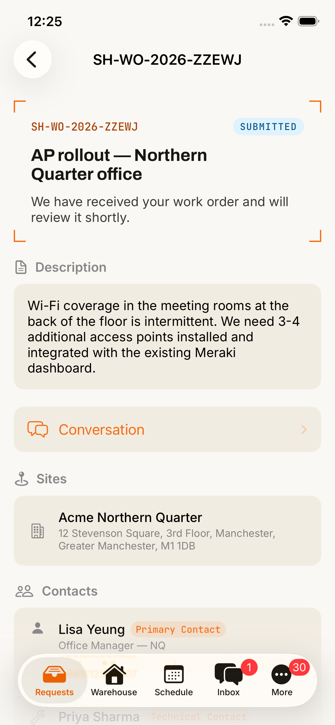Submitted work order with description, site, contacts and conversation